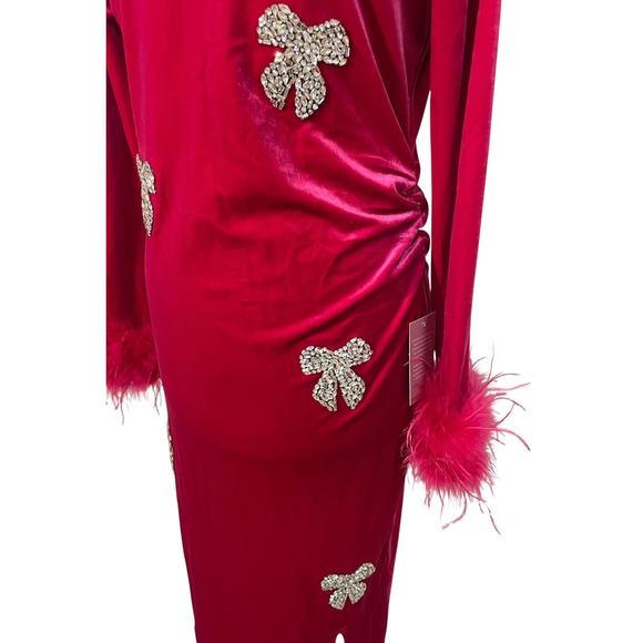 NWT Ivy City Co Pink Velvet Rhinestone Bows Feather Cuff Midi Dress Glam Twee M - Picture 3 of 15